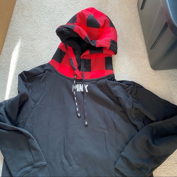 PINK VS Sherpa lined campus hoodie boyfriend pant red buffalo check 2018 - Picture 8 of 16